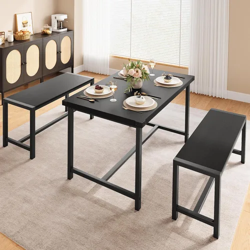 Vista 2 de Juego de mesa de comedor para 4 personas con 2 bancos, juego de mesa de cocina de 3 piezas, juego de comedor que ahorra espacio para cocina, Negro