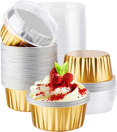 Vista 23 de EUSOAR Tazas de aluminio para hornear, paquete de 30 tazas de 5 onzas para cupcakes con tapas, moldes de pastel de 4.2 fl oz, flanes de postres