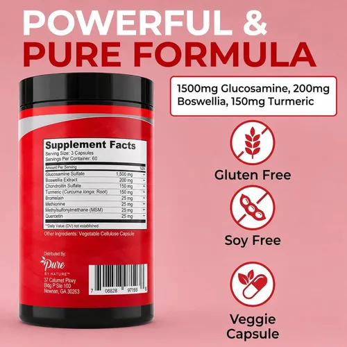 Vista 6 de Pure By Nature Glucosamina condroitina MSM cúrcuma Boswellia (suministro para 60 días) – Suplemento de apoyo articular para mujeres y hombres, apoyo