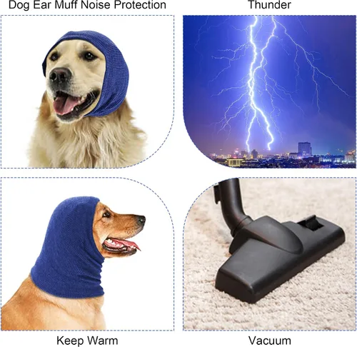 Vista 4 de Rbenxia Orejeras para Perros - Protección contra Ruido Cubiertas de Orejas con Capucha para Perros (Azul, Pequeño)