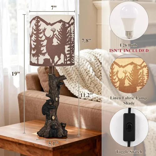 Vista 7 de LOKHOM Lámpara de mesa rústica con oso de escalada para dormitorio, lámpara de mesa de noche pequeña de 19 pulgadas con pantalla de bosque de osos