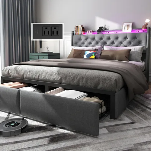 Vista 16 de UINTAI Marco de cama tamaño completo con cabecero y 4 cajones de almacenamiento, cama de plataforma metálica tapizada con respaldo abatido y luces