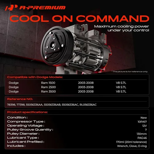 Vista 2 de Compresor de aire acondicionado A-Premium con embrague compatible con Dodge Ram 1500 2500 3500 5.7 2003-2008, Ram 4000 5.7 2005-2008