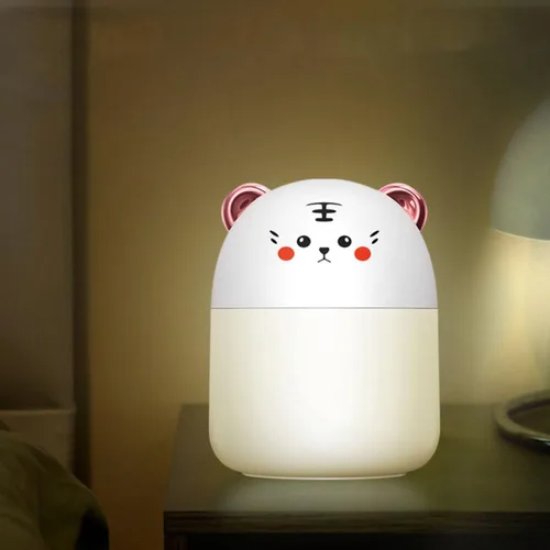 Vista 3 de Wakauto Mini humidificador USB con diseño de tigre de dibujos animados, humidificador de aire portátil para oficina, dormitorio, escritorio, luz