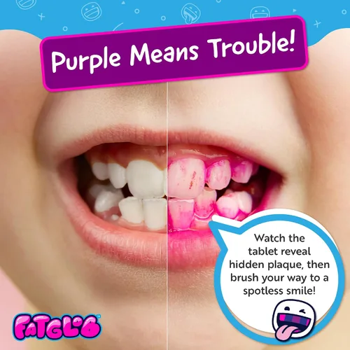 Vista 2 de Fatglob Tabletas reveladoras de placa Berry – Revisión de placa para niños y adultos, reemplazo de enjuague bucal para niños para ayuda