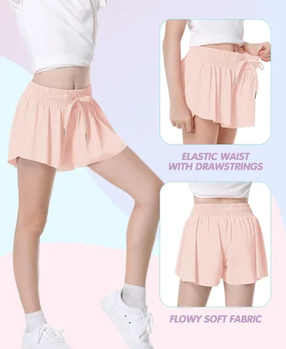 Vista 3 de QooNoo Girls Butterfly Shorts with Pocket Flowy Athletic Shorts High Waist Preppy Running Shorts for Kids Teen