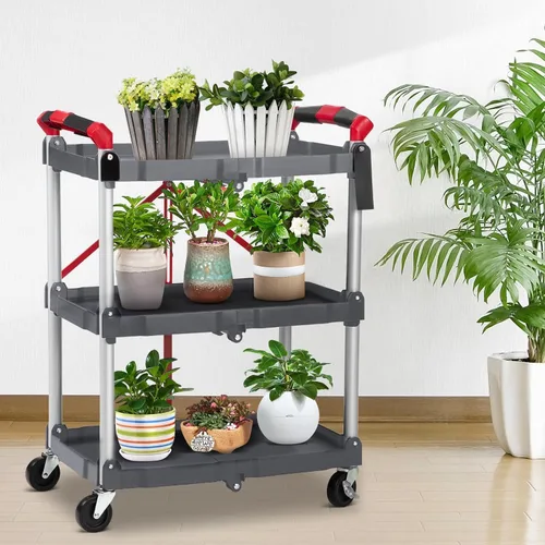 Vista 7 de Carrito de servicio plegable portátil de 3 niveles, carrito plegable con ruedas, capacidad de carga de 56 libras por estante, carritos plegables