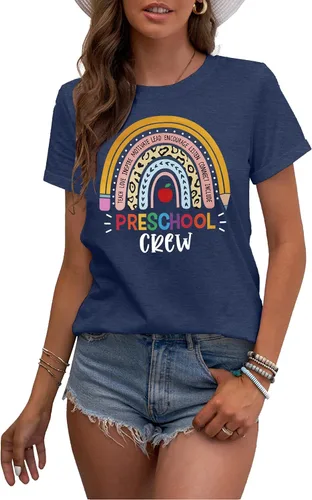 Vista 4 de MAIHUN Camisetas para profesores de preescolar para mujer, camiseta de cuello redondo con estampado de arco iris, manga corta