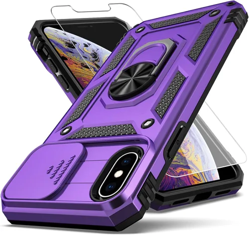 Vista 8 de Funda para iPhone X, iPhone Xs, cubierta de lente de cámara deslizante integrada+soporte de anillo de dedo+protector de pantalla, resistente a Negro