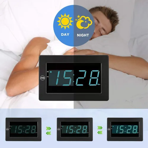 Vista 6 de Reloj de pared digital con pilas, pantalla LED, reloj despertador digital con pilas, brillo ajustable, 12/24 horas
