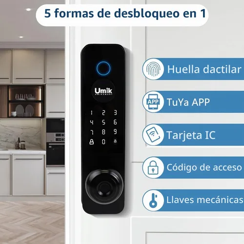 Vista 2 de UMIKSMART - Cerradura de puerta inteligente, cerradura de teclado de huellas dactilares, aplicación WiFi, negro mate