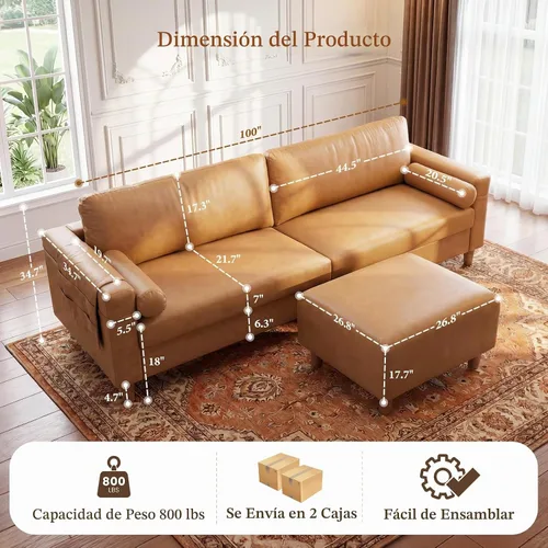 Vista 2 de Vesgantti - Sofá modular modular de piel sintética en forma de L de 100 pulgadas, color camello