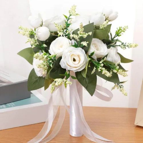 Vista 5 de EUBUY Ramos de boda para dama de honor, rosas artificiales blancas de 10.2 pulgadas, juego de ramos de seda de la serie Forest con lazo de cinta