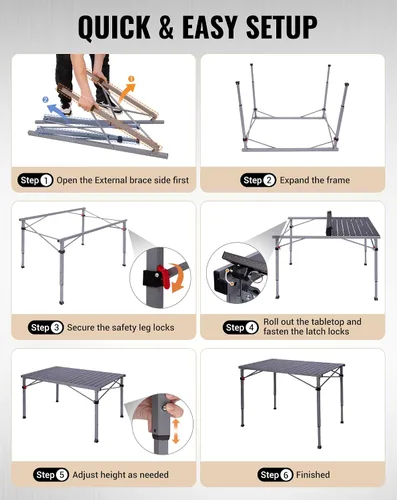 Vista 8 de KingCamp Mesa de camping plegable de 265 libras, mesa de exterior 4P - 42.1 × 27.6 pulgadas - 3 altura ajustable
