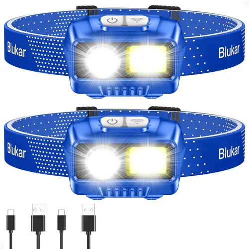 Vista 10 de Blukar Linterna frontal LED recargable, 2000L de alto lumen súper brillante regulable linterna con sensor de movimiento, 8 modos, foco e reflector