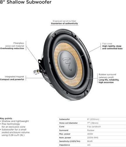 Vista 5 de Focal Sub P 20 FSE Flax Subwoofer poco profundo de 8 pulgadas, 4 ohmios, 200 W