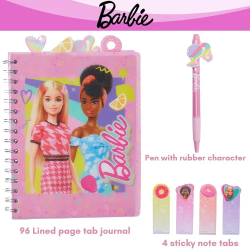 Vista 2 de Cuaderno de pestañas Barbie con espiral, lápiz boli, pestañas adhesivas, 96 páginas a rayas, rosa