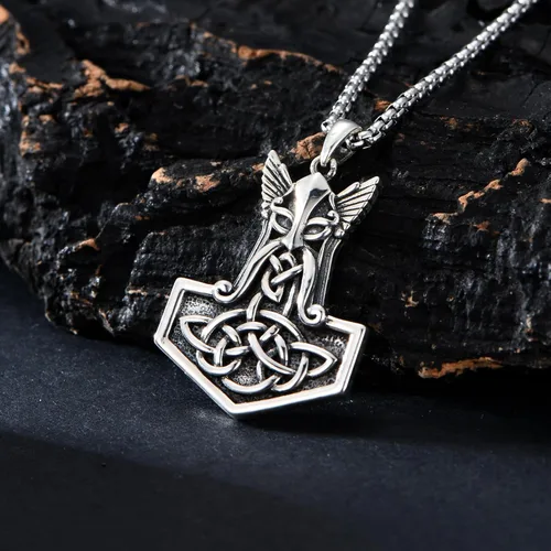 Vista 3 de Collar vikingo para hombre, plata de ley 925, lobo vikingo, martillo de Thors, vegvisir, árbol de la vida, brújula, colgante nórdico, amuleto