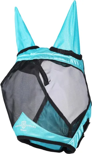 Vista 85 de Harrison Howard Máscara de mosca de caballo luminosa profesional estándar con orejas protección UV para caballo, azul y plateado, pequeño poni Azul