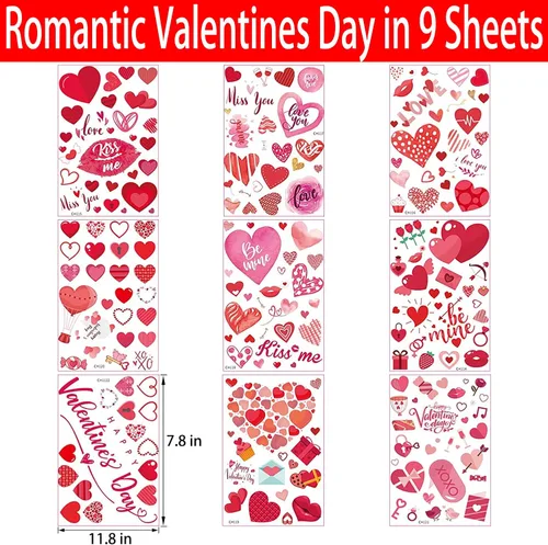 Vista 2 de 218 unidades de calcomanías para ventana de San Valentín, corazón de San Valentín, decoración de ventanas de vidrio, 9 hojas