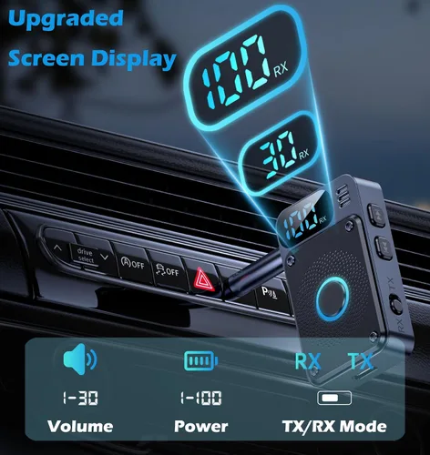 Vista 3 de KAIY Receptor transmisor Bluetooth 5.4 para avión y TV, adaptador de audio AUX Bluetooth de 0.138 in con pantalla LCD, kit manos libres