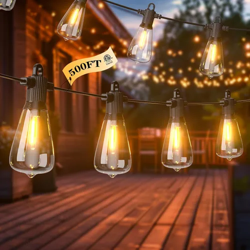 Vista 11 de Guirnalda de luces LED para exteriores, 25 pies, impermeables, para patio, con 12+1 bombillas Edison ST38 inastillables, luz colgante blanca cálida