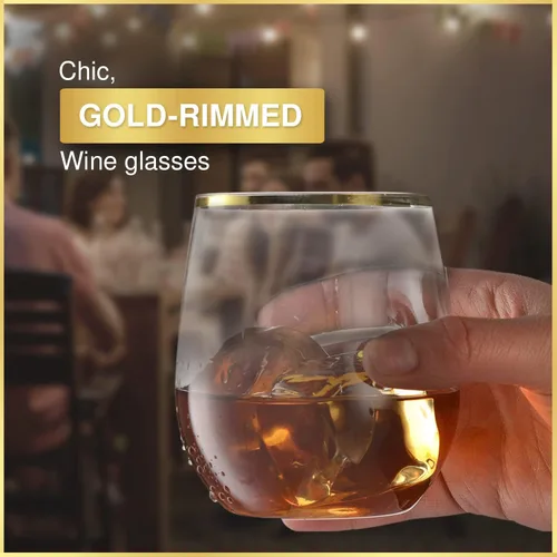 Vista 6 de Paquete de 32 copas de vino de plástico sin tallo, desechables, borde dorado de 12 onzas, inastillables, reciclables y sin BPA, elegantes vasos