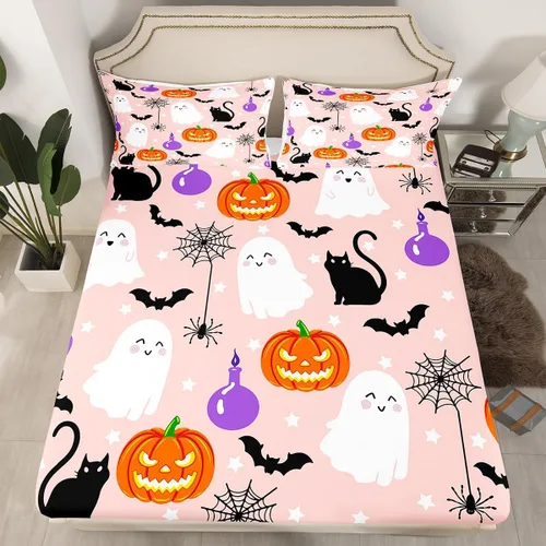 Vista 9 de Juego de sábanas bajeras con bonito diseño de gato negro para niños y niñas, diseño de dibujos animados de Halloween, gato, animales, sábanas