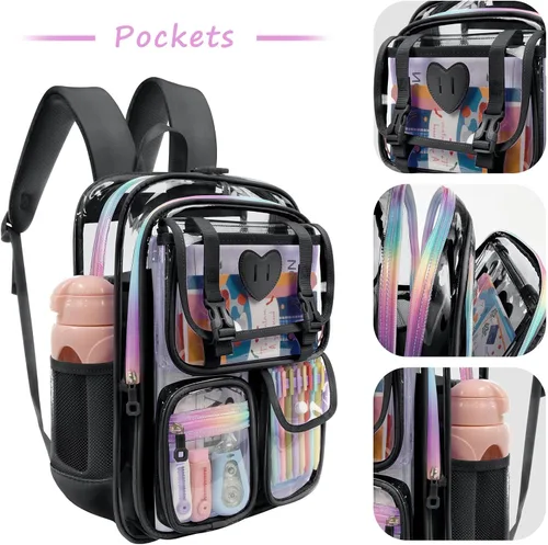Vista 4 de Mochila transparente de PVC impermeable y resistente al congelamiento, de gran capacidad, elegante y duradera para viajes, Negro, Moderno