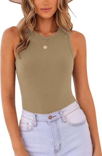 Vista 16 de MISSJOY - Camiseta básica sin mangas para mujer, con espalda cruzada y cuello halter acanalado 1-ejército verde blanco
