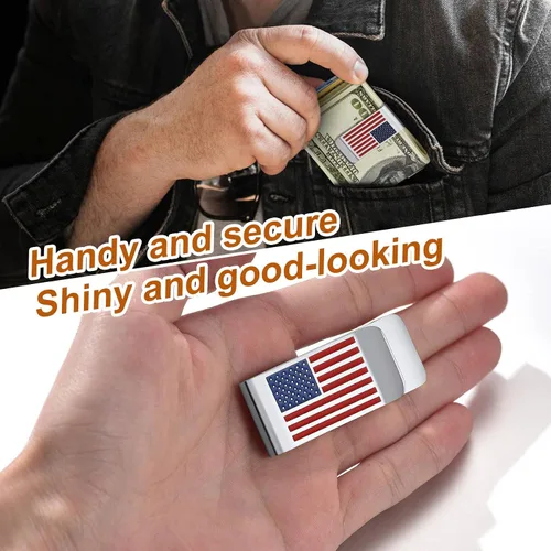 Vista 3 de ChainsProMax Puede grabar clip de dinero para hombre, patrón de bandera de Estados Unidosbéisbol, patrón de caja, acero inoxidablechapado en oro