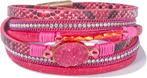 Vista 210 de FANCY SHINY - Pulsera de cuero estilo bohemio, pulsera de cuentas de cristal con cierre magnético, regalos de joyería para mujer
