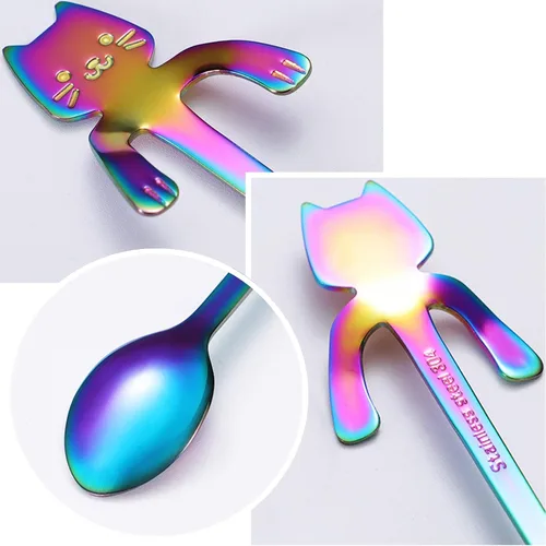 Vista 6 de Juego de cucharas de té y café, de acero inoxidable, mini cucharaditas para mezclar bebidas de postre (multicolor)