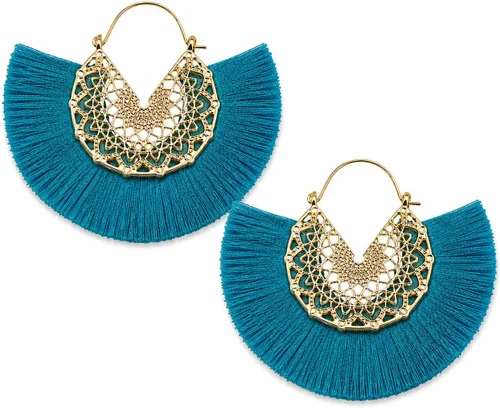 Vista 35 de Aretes de aro con borla, aretes colgantes de hilo de declaración, elegantes aretes largos con flecos, ligeros, largos y con gancho francés, para un