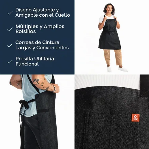 Vista 4 de hedley & bennett Delantal con babero cruzado - Delantal de chef con bolsillos - 100% Algodón Denim, 8oz - Negro Abalone Adjustable straps ease