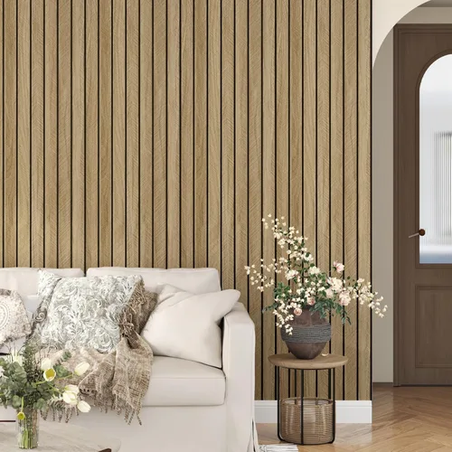 Vista 2 de Paneles de Madera Marrón 3D para Paredes 120" x 12" Paneles de Pared de Listones Acústicos Despegar y Pegar Paneles de Madera Autoadhesivos