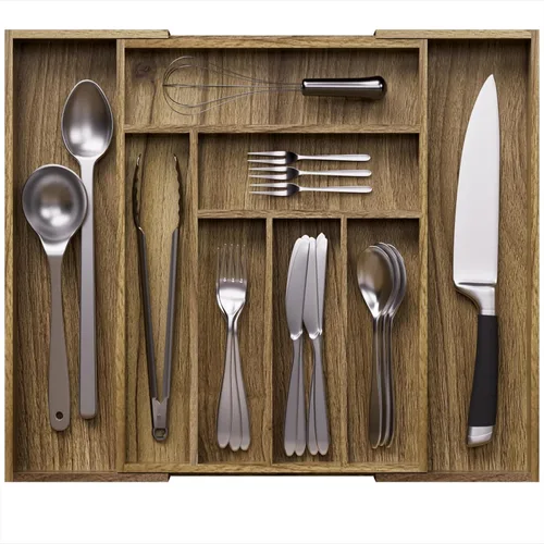 Vista 9 de Kiasthome Organizador de Cajón de Cubiertos de Madera de Acacia, Organizador de Cajón de Utensilios de Cocina con Divisores Ranurados, Organizador