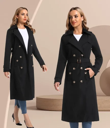 Vista 7 de poonyfesh Gabardina larga impermeable resistente al viento para mujer clásica con solapa de doble botonadura con capucha extraíble
