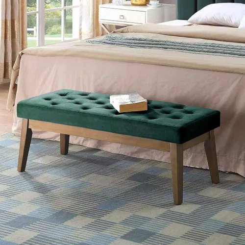 Vista 13 de 24KF Banco de entrada tapizado con botones capitoné de terciopelo con pata de madera maciza, banco de cama otomano con asiento acolchado, 5061N-Negro