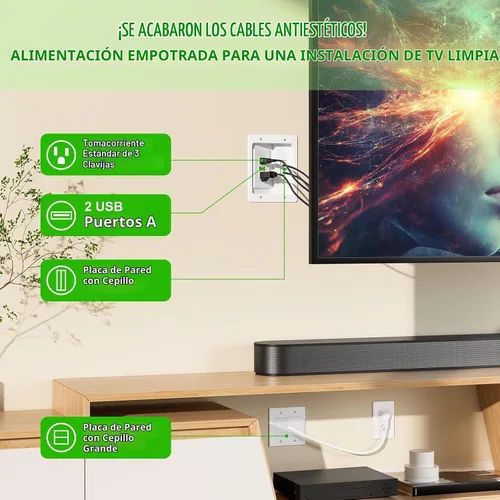 Vista 5 de Kit de organización de cables de pared con placa de pared de cepillo, salidas de CA y puertos USB, cable de 9 pies, toma de pared empotrada