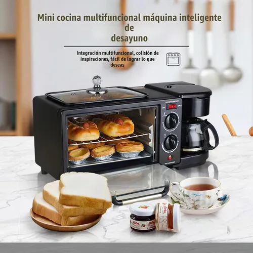 Vista 2 de Máquina de desayuno casera multifuncional 3 en 1, mini horno, cafetera (negro)