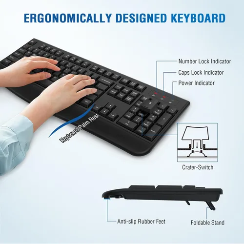 Vista 4 de Combo de teclado y ratón inalámbricos, teclado inalámbrico de tamaño completo de 2.4GHz con cómodo reposa muñecas y ratón óptico inalámbrico