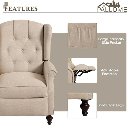 Vista 6 de Silla reclinable PALLOME con respaldo alto, asiento con masaje y calor, tapizado de tela, con respaldo acolchado, silla reclinable para sala de Beige