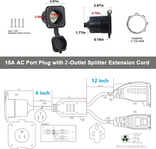 Vista 2 de Enchufe de Puerto de CA de 15A - Toma de Entrada de Alimentación de 125V con Cable de Extensión Doble de 18 Pulgadas, Enchufe NEMA 5-15 con Entrada