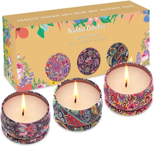Vista 10 de Paquete de 3 velas decorativas pequeñas perfumadas, aroma fuerte de bergamota y vainilla y bayas negras de San Diego, velas de soja, no tóxicas