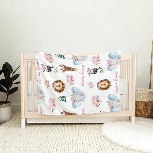 Vista 8 de Kingdora Manta de bebé personalizada con animales – Zoológico, selva, bosque y temática floral – Personalizada, Niñas