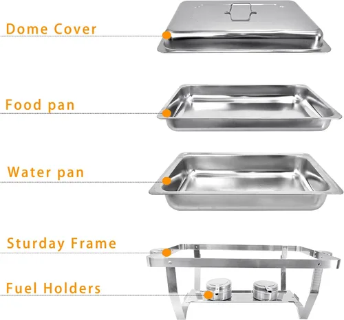 Vista 8 de Juego de 2 platos de 8 cuartos de galón para buffet de acero inoxidable, juego completo de calentador de alimentos con bandeja de agua