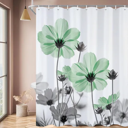 Vista 47 de MERCHR Cortina única floral azul para decoración de baño, cortina de ducha estilo granja con flores de margarita azul y gris elegantes y diseño