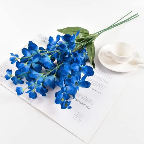 Vista 5 de Tallos de orquídeas artificiales de 26.7 pulgadas, 12 piezas de orquídeas de seda azul turquesa para boda, ramo de novia, corona, centro de mesa