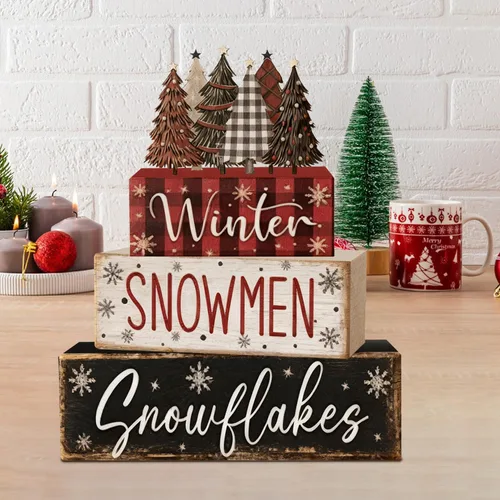 Vista 5 de 4 piezas de decoraciones navideñas para interiores - Decoración de mesa de árbol de Navidad de madera para el hogar - Centro de mesa navideño